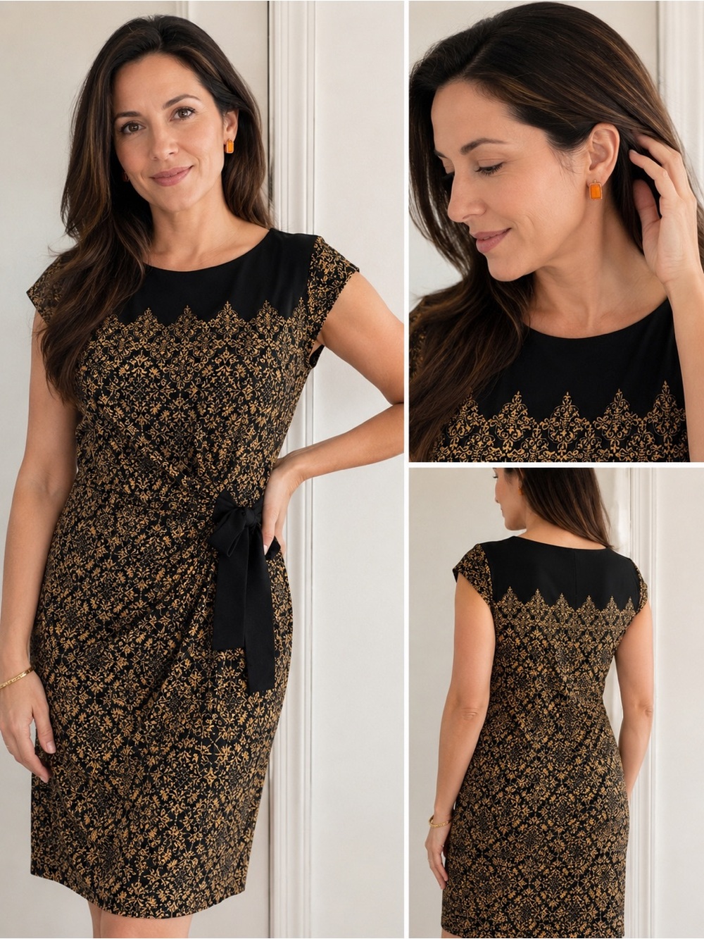 Just...Taylor Black and Gold Tie-Accent Cap Sleeve Midi Dress Sz 14